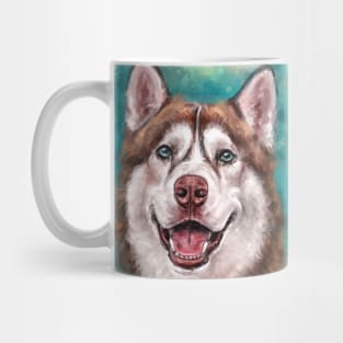 Brown and White Siberian Husky Smiling on Blue background Mug